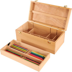 16″X8″X6″ Large Art Storage Box, Double-Layered Solid Beech Wooden Tool Box for