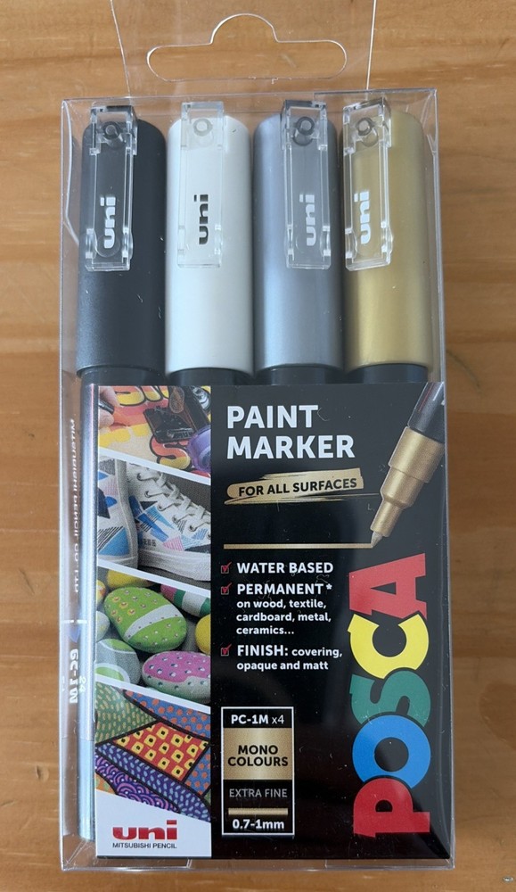 Uni Posca PC-1M Paint Marker Art Pens Extra Fine Tip Wallet of 4 Mono Colours