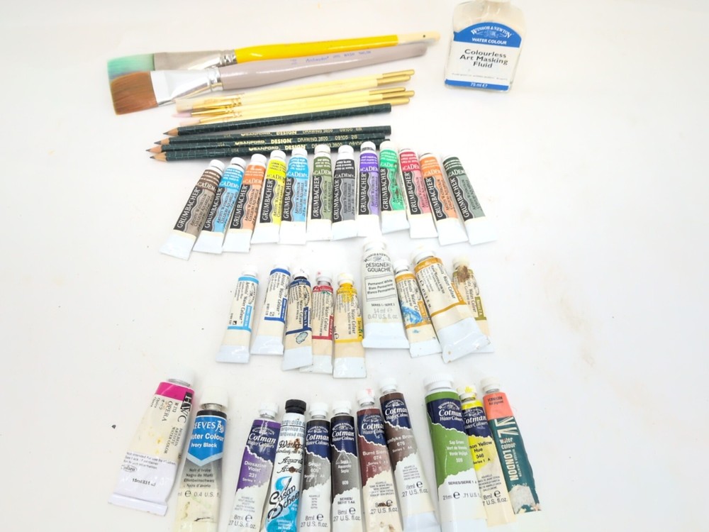 Used Lot of 32 Watercolor Paint WINSOR NEWTON Grumbacher Cotman Brushes Used