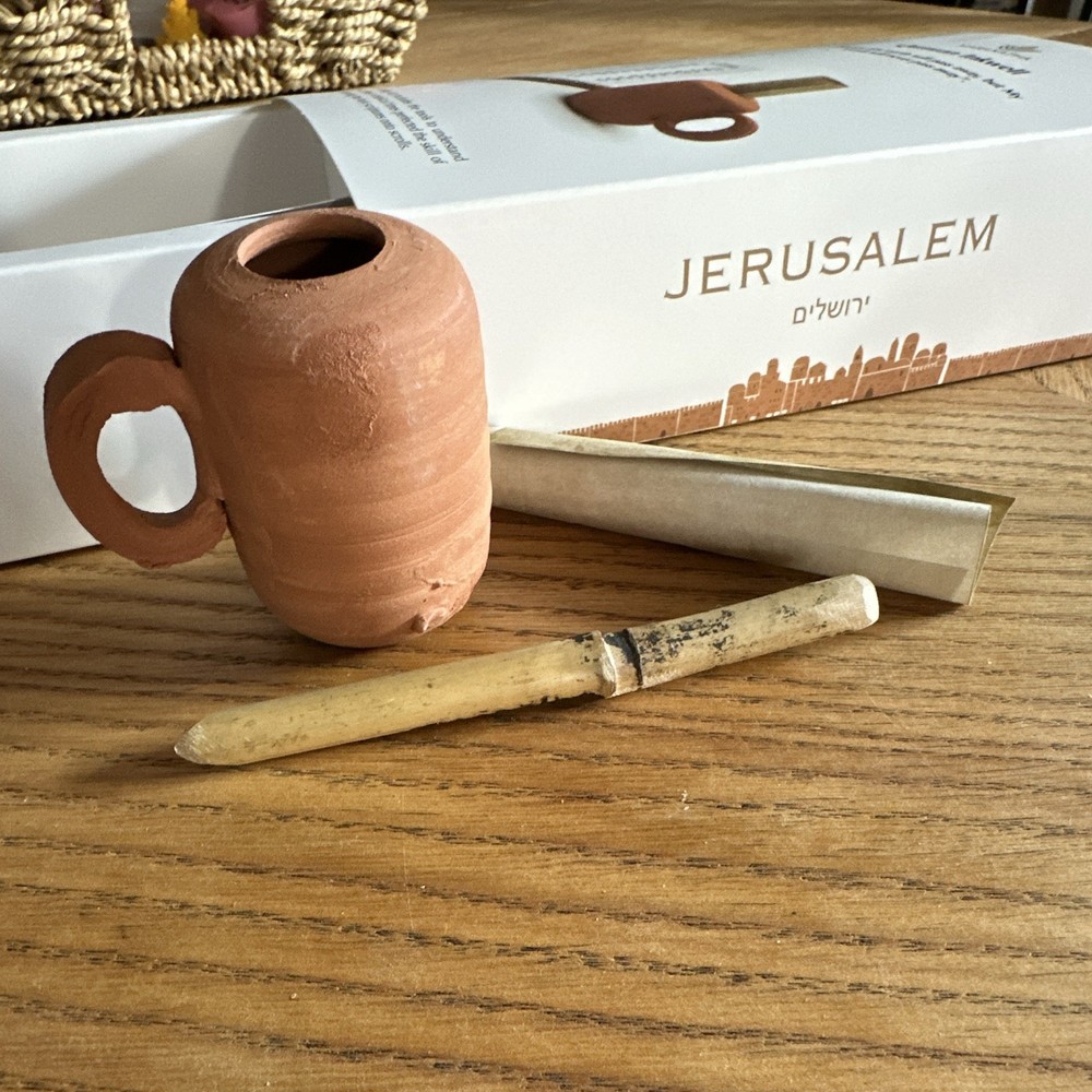 Replica Scribe Kit: ‘The Qumran Inkwell’ With Clay Ink Well And Judean Reed Pen.