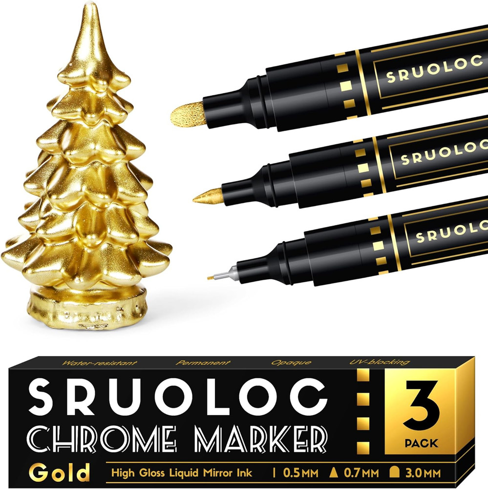 3Pcs Liquid Gold Paint Markers, Oil-Based Permanent Chrome Maker, Gloss Mirror M
