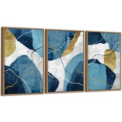 Large Abstract Framed Wall Art – Natural Float Framed Blue White Canvas Paint…