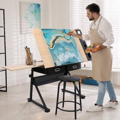 Drafting Drawing Table Tiltable Tabletop with Stool & 2 Drawers Angle Adjustable