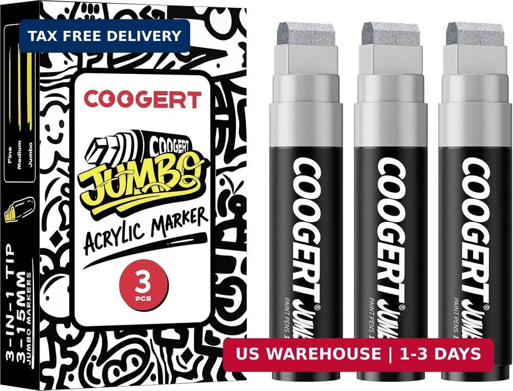 Coogert 3Pcs Silver Jumbo Poster Markers, 15MM Thick Permanent Acrylic Graffiti