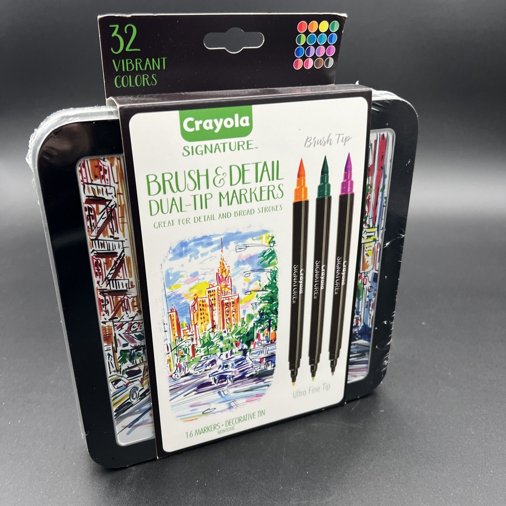 16 CRAYOLA Signature Brush & Detail Dual Tip Markers 32 Vibrant Colors Nice Tin