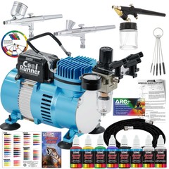 Master 3 Airbrush, Air Compressor & Hose Kit, 6 Primary Colors Acrylic Paint Set
