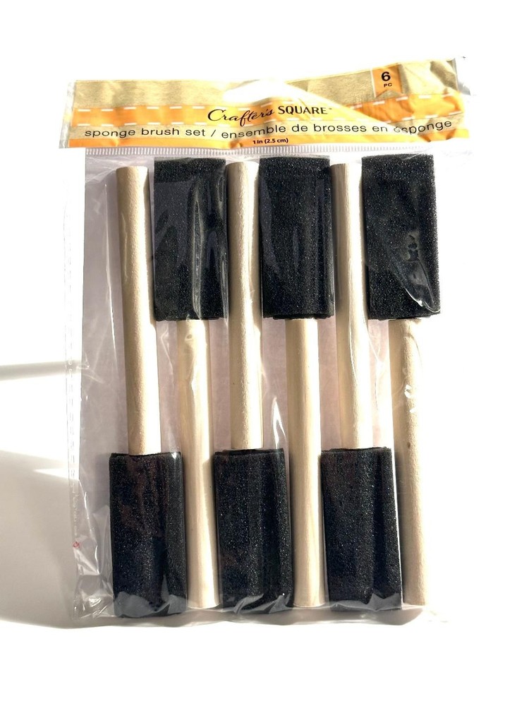 6PC – SPONGE BRUSH SQUARE SET- 1 INCH WIDE FOR CRAFTS WOODEN HANDLE
