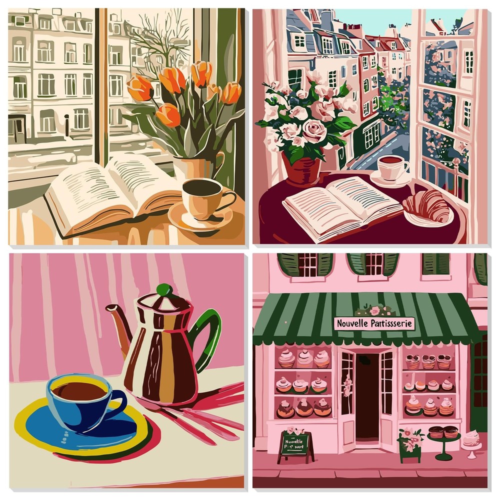 4 Pack Coffee Bread Paint by Numbers Kits for Adults Beginner with Wooden Fra…
