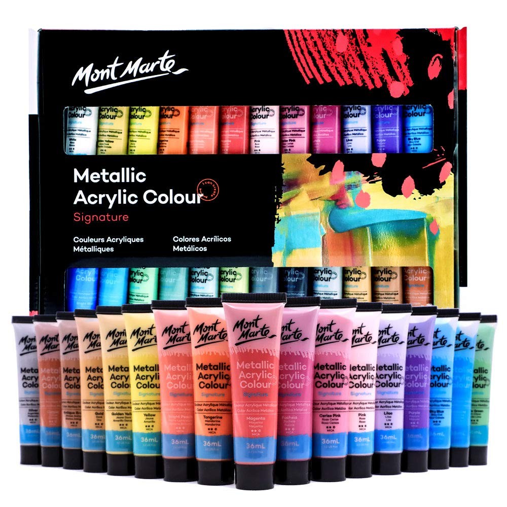 Mont Marte Premium Metallic Acrylic Paint Set, 24 Colors, 1.02oz Tubes, Multi-Su