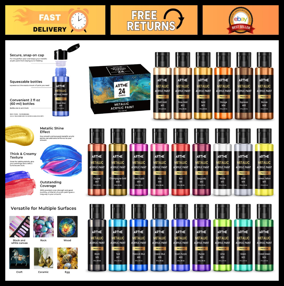 24 Metallic Acrylic Paint Set – 2 oz Bottles, Rich Pigments for Canvas, Wood, Fa