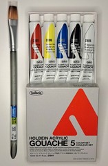 Holbein Acrylic Gouache 5 Color Set 12ml + Princeton Aqua Elite Watercolor Brush