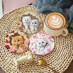 8 Pcs Diamond Art Coasters Kits for Adults with Holder Cork Pads, Cat Diamond Pa