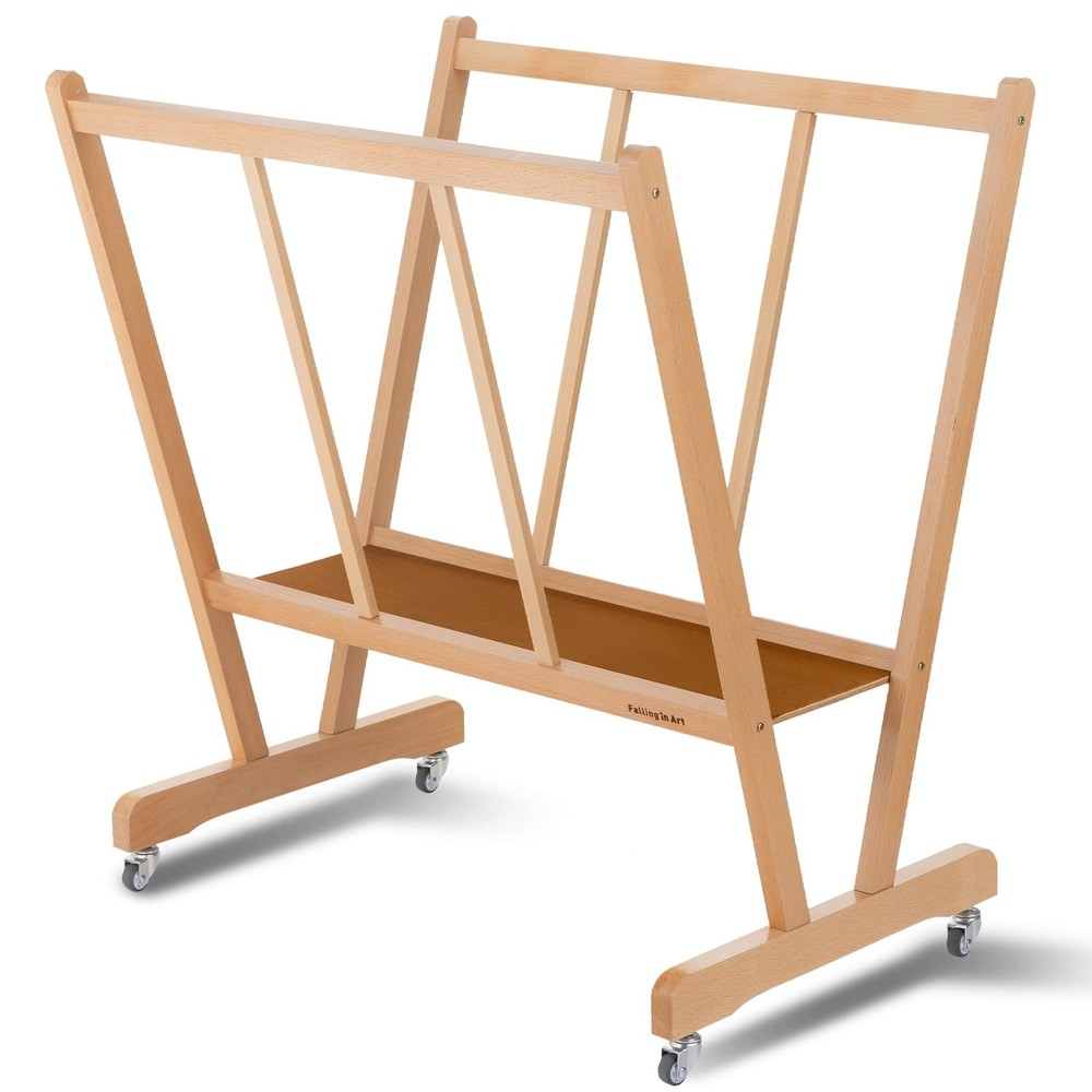 Large Wooden Print Rack with Rolling Casters, Art Drying and Display Storage