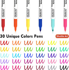 30 Colors Permanent Markers, Fine Point, Assorted Colors, Works on Plastic,Wood,