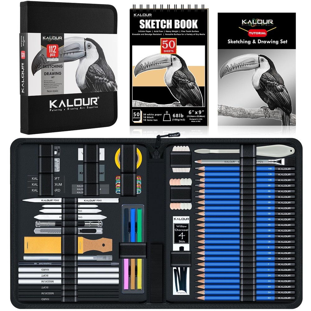 112 Drawing Set Sketch Kit, Pro Art Supplies with 3-Color Sketchbook, Graphit…