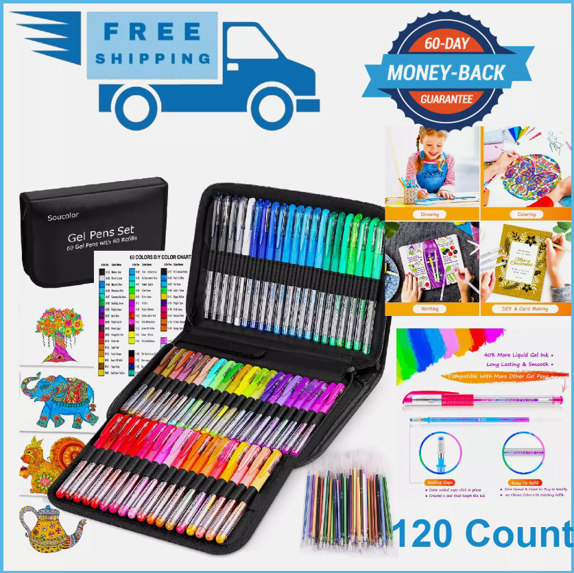 Gel Pens for Adult Coloring Books 120 Pack Artist Colored Gel Marker Pens Set