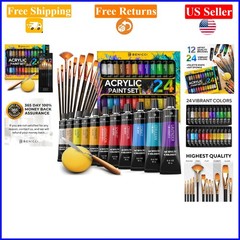 Acrylic Paint Set with 24 Colors, 12 Brushes, Knife & Sponge for Kids & Adults