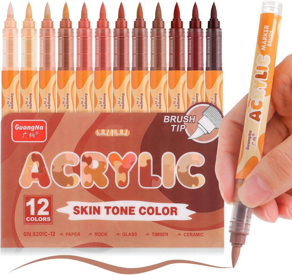 Kander Acrylic Paint Markers 12 Colors, Skin Tone Series Set with Soft Brush Ti