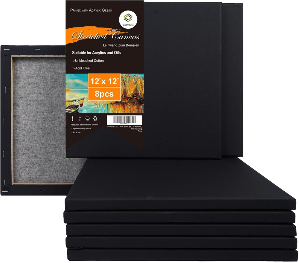 Black Stretched Canvas 12X12 Inch, 8 Pack Canvases for Painting, 100% Cotton, 8