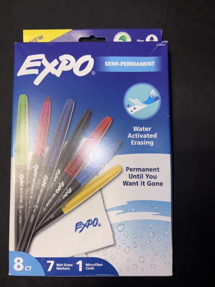 Expo Wet Erase Markers 7ct Semi-Permanent + Microfiber Cloth Water Activated