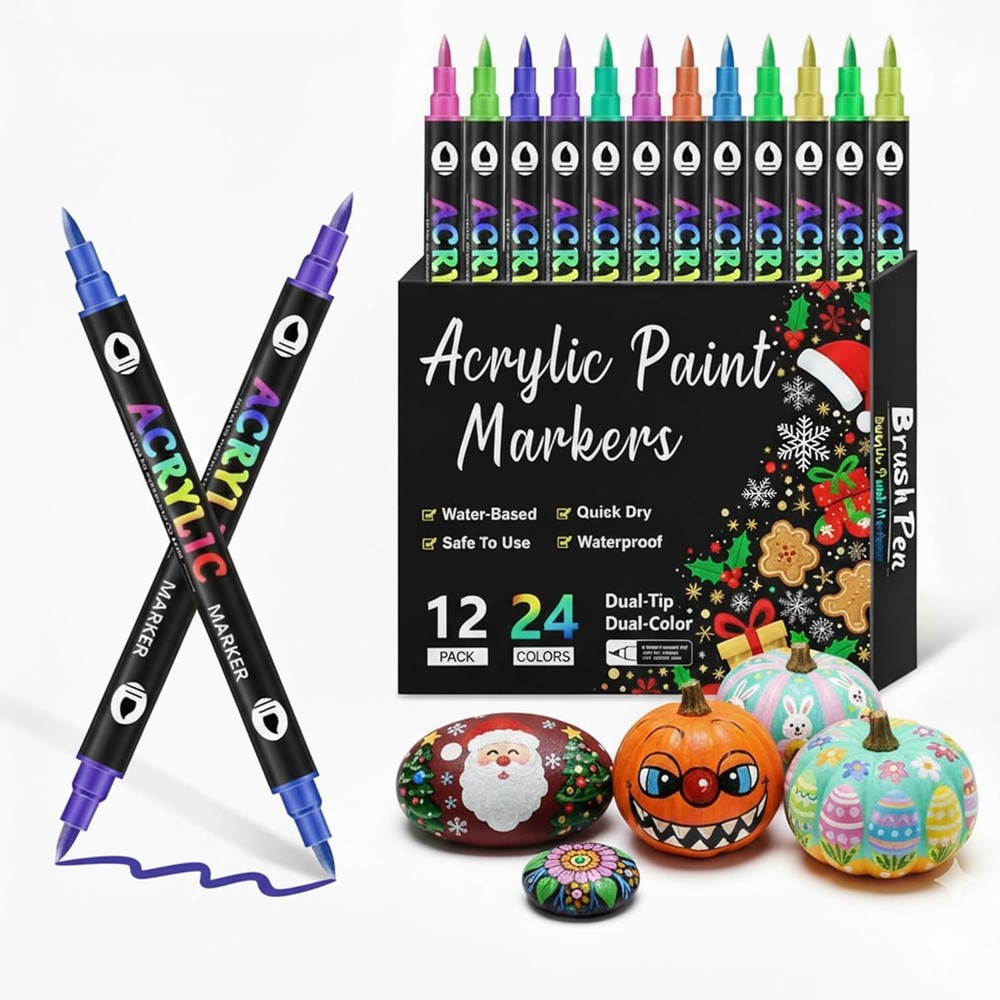 24 Colors Acrylic Paint Markers,Dual Tip 2 Count (Pack of 12), 24