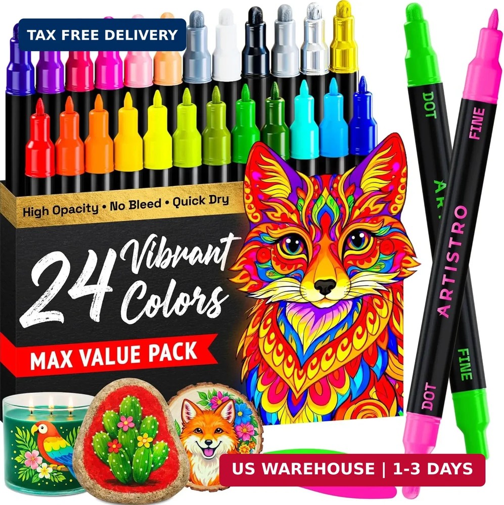 ARTISTRO 24 Precision Dual-Tip Acrylic Paint Markers – Paint Pens Set with Dot &