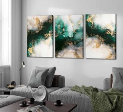3 Piecs Emerald Green and Gold Canvas Wall Art Modern Abstract Glam Fluid Mar…