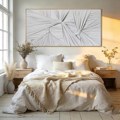 Large White Framed Abstract Canvas Wall Art, 3D Textured Sculptural Minimalis…