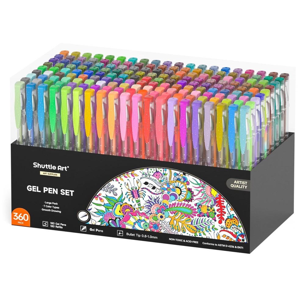 Shuttle Art 360 Pack Gel Pens Set, 180 Colors 1 Count (Pack of 360), 360