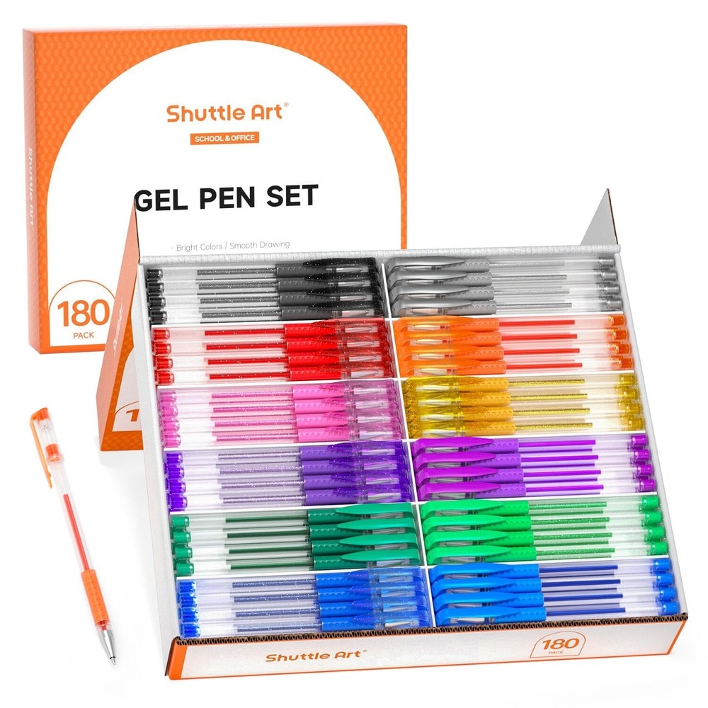 180 Pack Gel Pens Set, 12 Assorted Colors, Bulk Classroom Pack, Coloring, Art