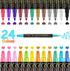 24 Colors Dual Tip Acrylic Paint Pens Markers, Premium Acrylic Paint Markers Sto
