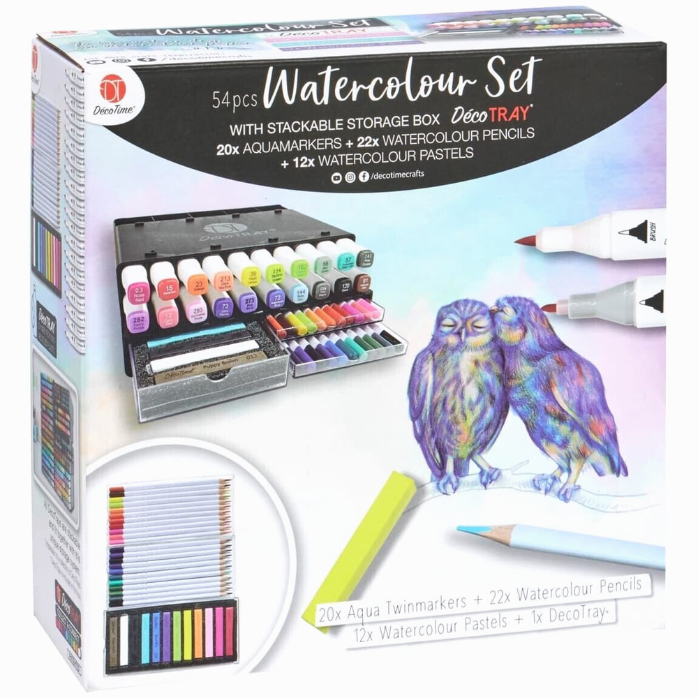DecoTime Watercolour Set 54pc Markers Watercolour Pencils & Pastels Storage Box
