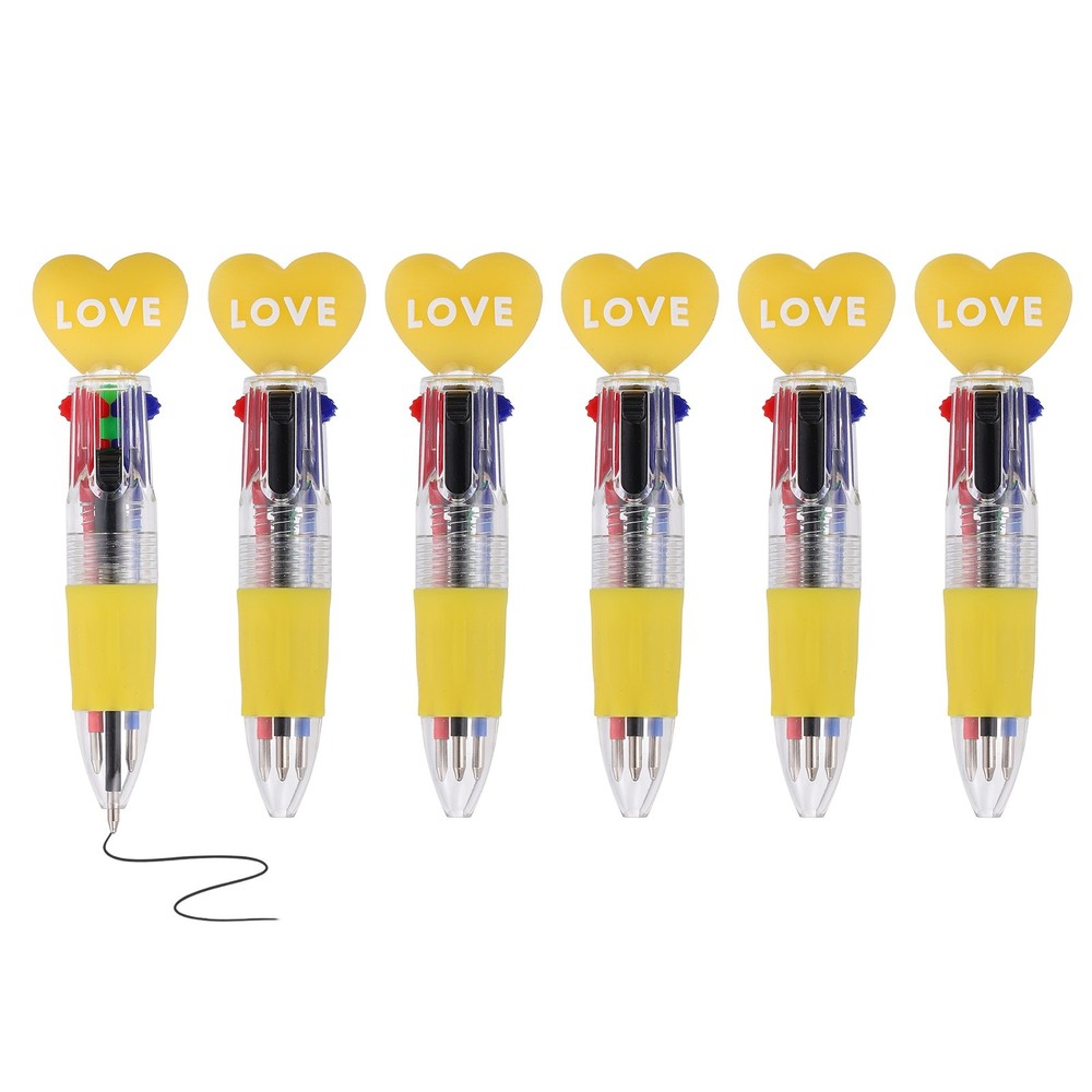 6 Pcs 4-in-1 Multicolor BallPoint Pens, Heart Shape, Candy Yellow Casing