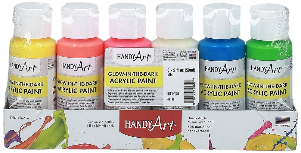 6 Color 2 ounce Glow in the Dark Acrylic Paint Set for Crafting Projects