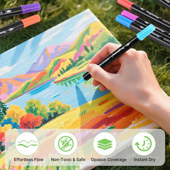 72 Colors Acrylic Paint Markers, Dual Tip Acrylic Paint Pens with Brush Tip & Fi
