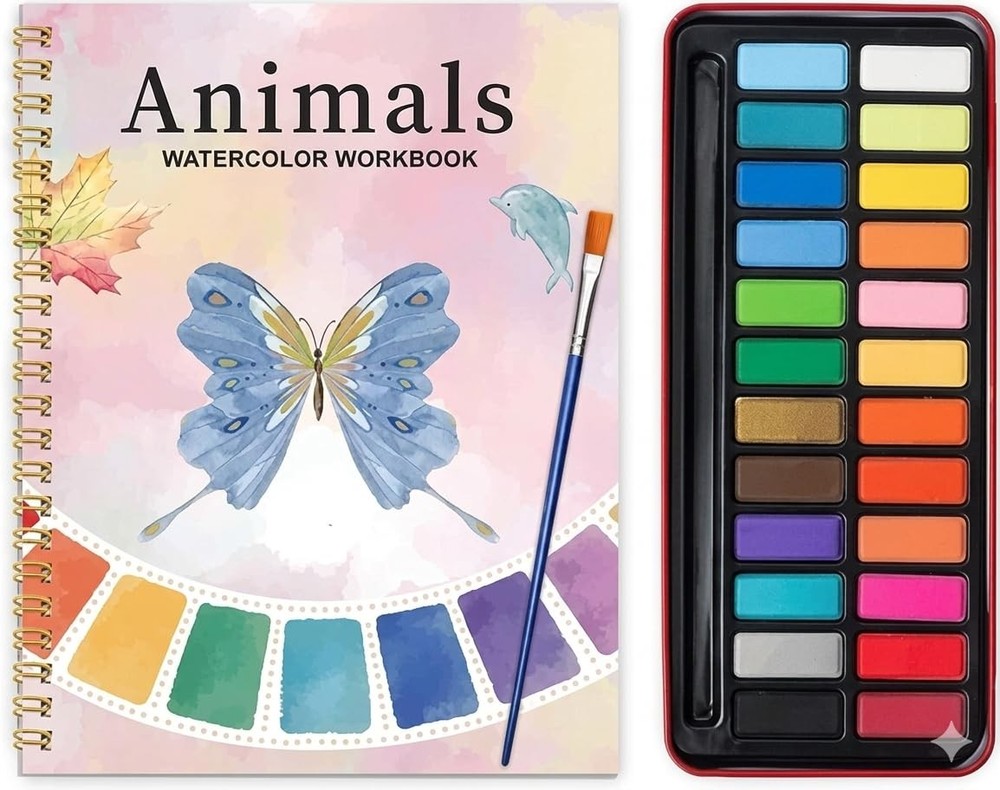 Watercolor Workbook for Beginners – 24 Colors Paint Set & Coloring Animals