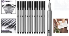 Portable 12 Pack Black Fineliner Pens – Fine Point for Detailed Writing & Art