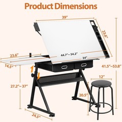 Drafting Drawing Table Tabletop Adjustable Height with Charge Outlet White