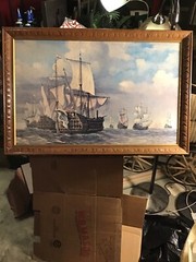 Vintage Battle Ships Portrait Very Nice Looking 36” x 24” Framed