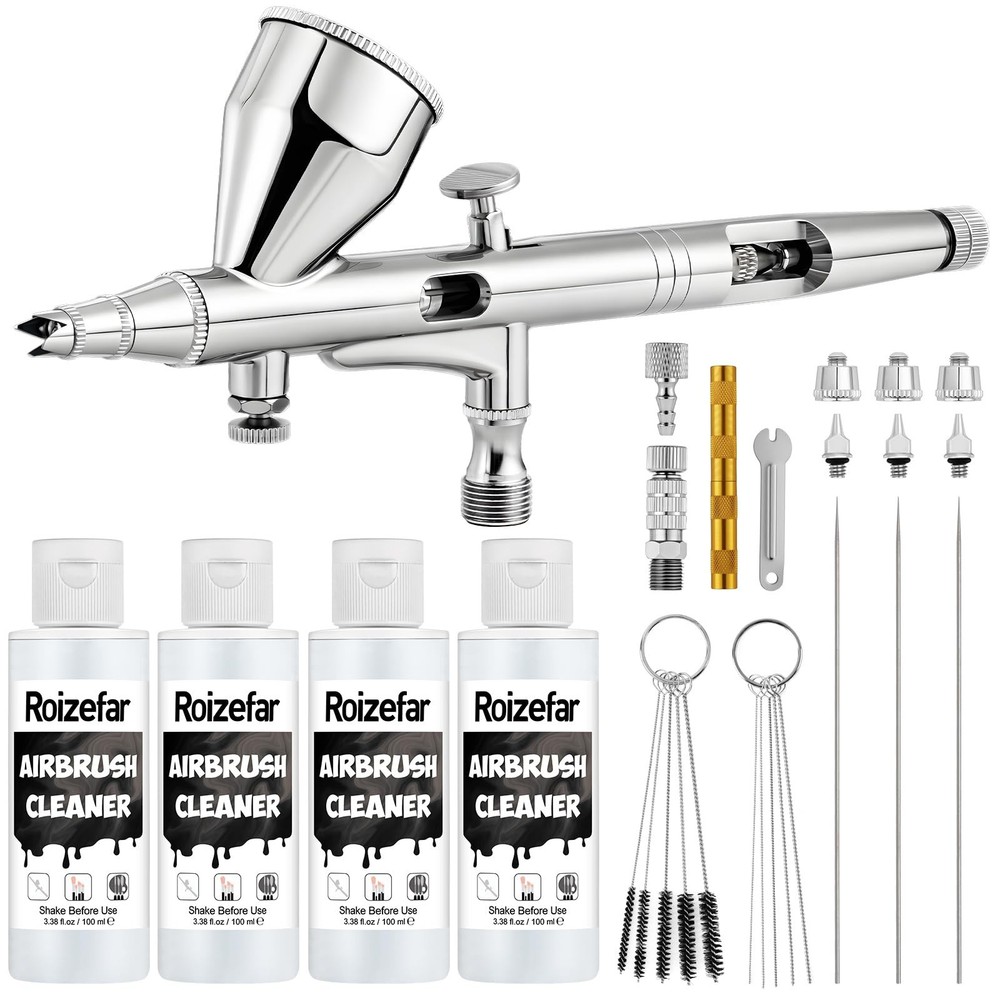 Dual-Action Gravity Airbrush Gun Kit with 4 Cleaners, 0.2/0.3/0.5mm Nozzles, Bru