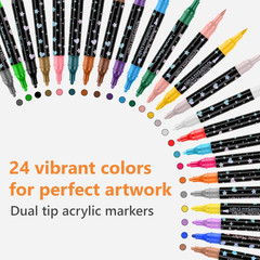 24 Colors Dual Tip Acrylic Paint Marker Pens Set, Multifunctional Acrylic Tips w