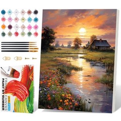 Framed Paint by Numbers Kit for Adults Beginner, Countryside Sunset Adult Pai…