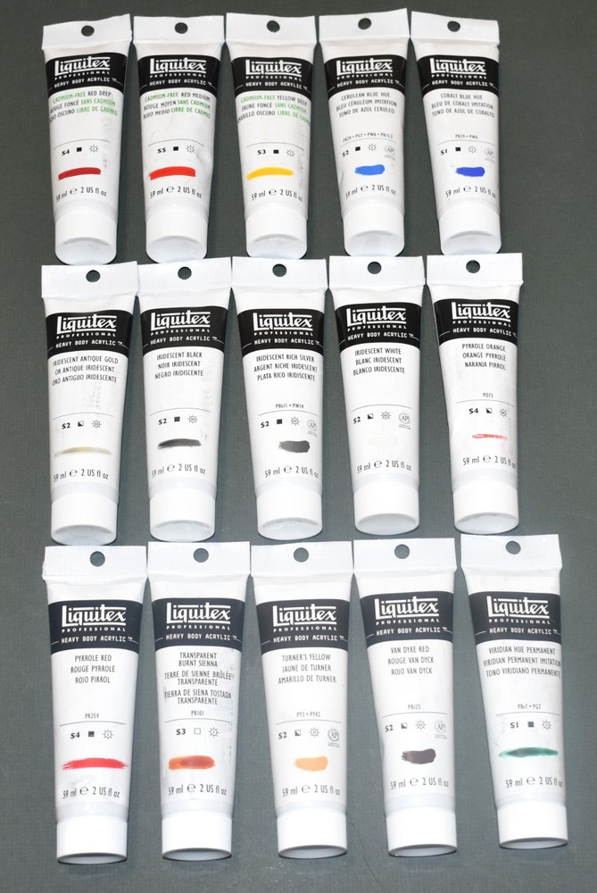 15 Different Colors Liquitex Heavy Body Acrylics- 2 oz Tubes – Retail $176.39