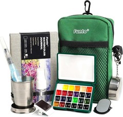 Funto Mini Watercolor Paint Set, All-in-One 24-Color Travel Paint Kit, with Cros