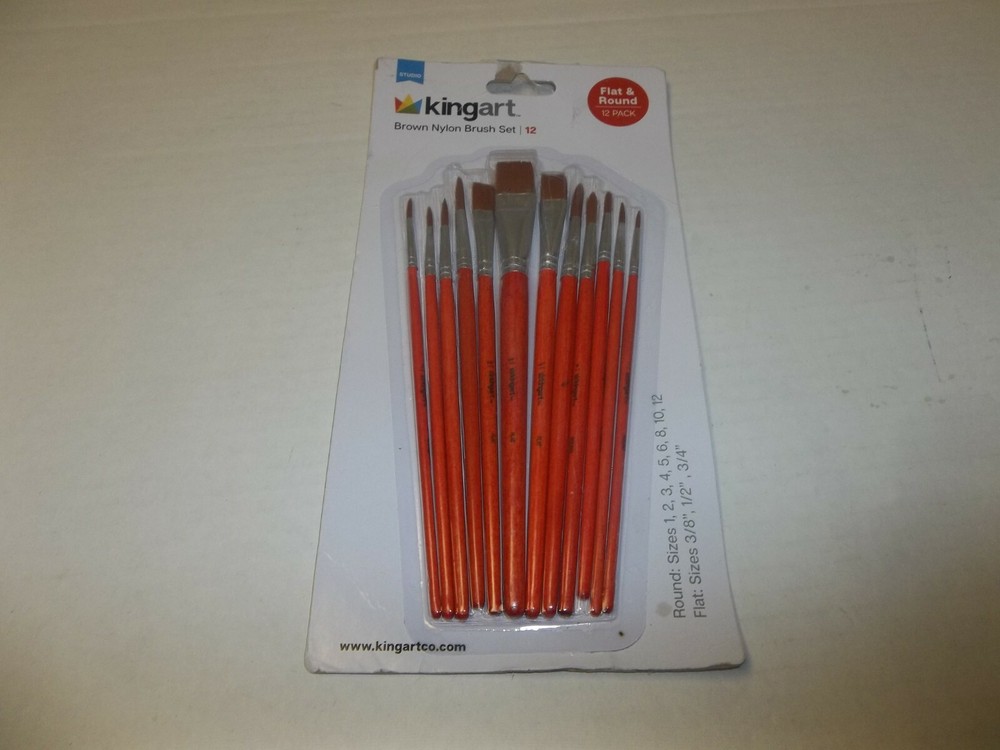 New Kingart Brown Nylon Brush Set Flat & Round 12 Pack