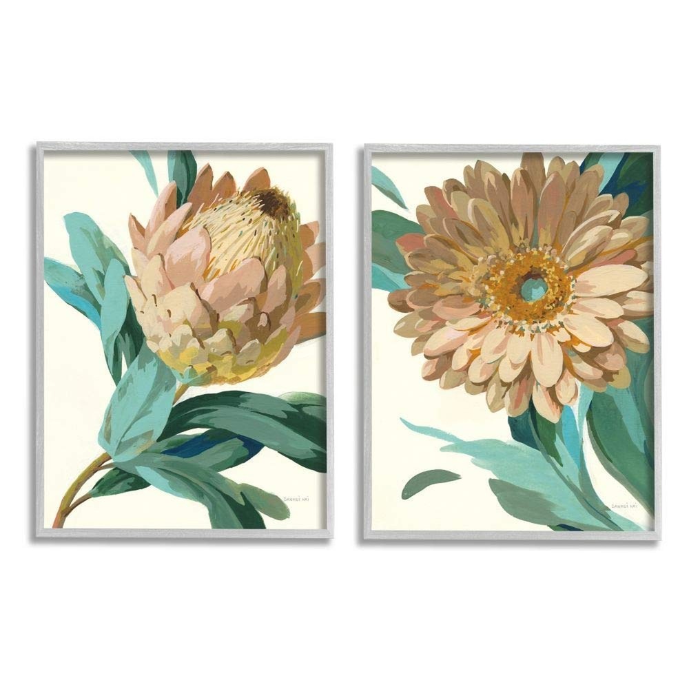 Stupell Industries Garden Flower Details Minimal Green Tan Painting Grey Framed