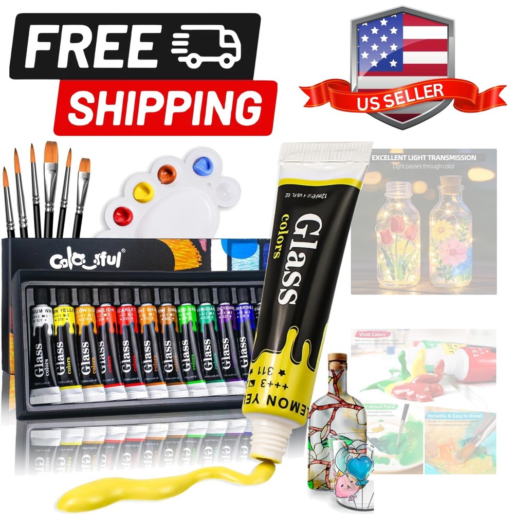 Acrylic Glass Paint Set with 6 Brushes, 1 Palette, 12 Colors Stain Glass Pain…