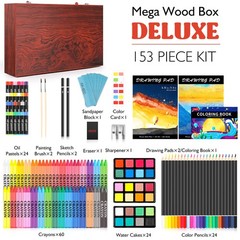 Caliart Art Supplies, 153-Pack Deluxe Set in Wooden 153-Pack, Cherry