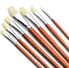 Professional Hog Bristle Filbert Oil Paint Brushes Set, 7pcs Long Wooden Handle