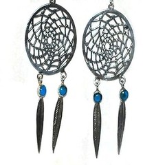 Sterling Silver Dreamcatcher Earrings w/ Feathers Simulated Stones